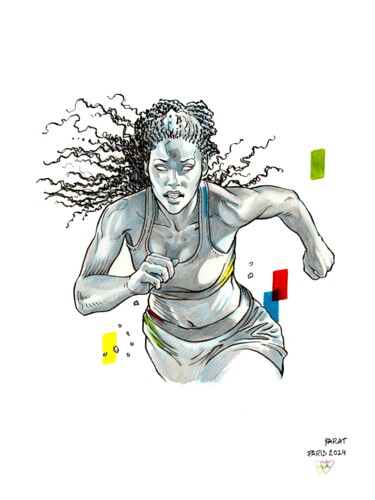 Desenho intitulada "Femme au sprint" por Alain Barat, Obras de arte originais, Tinta