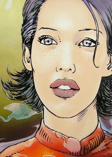 Malerei mit dem Titel "Femme en rouge" von Alain Barat, Original-Kunstwerk, Acryl