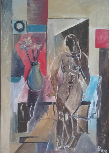 Pittura intitolato "Naked with flower p…" da Alain Baye, Opera d'arte originale, Acrilico