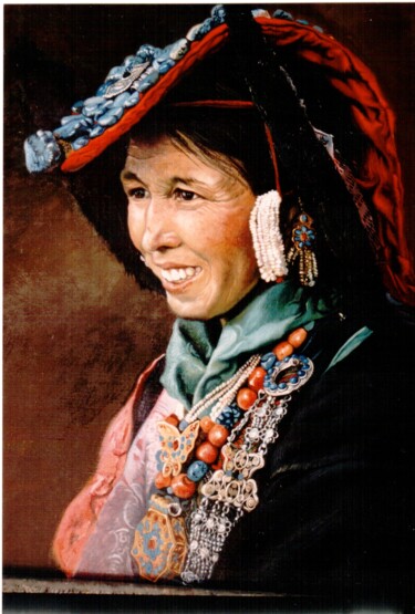 Schilderij getiteld "tibétaine" door Alain Bazard, Origineel Kunstwerk, Olie