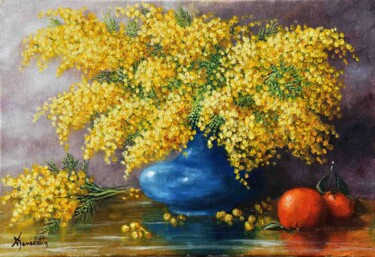 Painting titled "mimosas" by Alain Benedetto, Original Artwork, Oil Mounted on Wood Stretcher frame