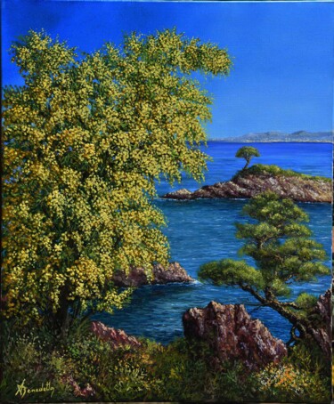 Painting titled "marine et Mimosas" by Alain Benedetto, Original Artwork, Oil Mounted on Wood Stretcher frame