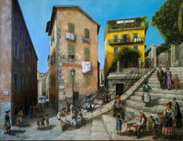 Painting titled "Vieux Nice jadis la…" by Alain Benedetto, Original Artwork, Oil Mounted on Wood Stretcher frame