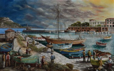 Painting titled "le Port de st Jean…" by Alain Benedetto, Original Artwork, Oil Mounted on Wood Stretcher frame