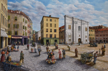 Painting titled "Nice jadis place st…" by Alain Benedetto, Original Artwork, Oil Mounted on Wood Stretcher frame