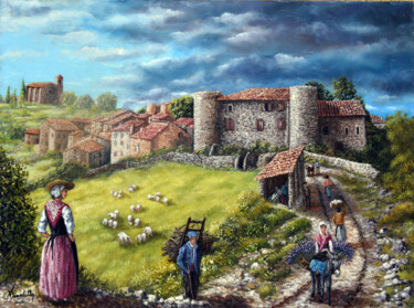 Painting titled "village de Tourtour" by Alain Benedetto, Original Artwork, Oil Mounted on Wood Stretcher frame
