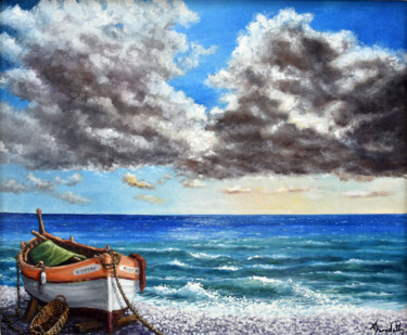Painting titled "pointu sur la plage" by Alain Benedetto, Original Artwork, Oil Mounted on Wood Stretcher frame