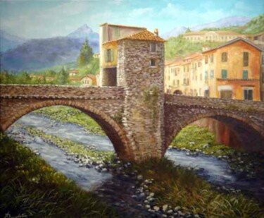 Painting titled "pont vieux de sospel" by Alain Benedetto, Original Artwork, Oil Mounted on Wood Stretcher frame