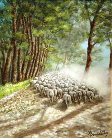 「troupeau de moutons」というタイトルの絵画 Alain Benedettoによって, オリジナルのアートワーク, オイル ウッドストレッチャーフレームにマウント