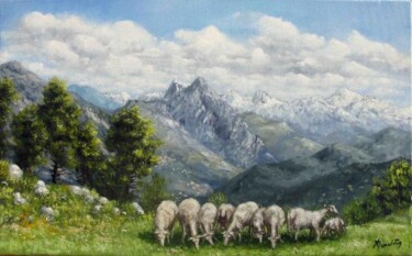 Painting titled "moutons au plateau…" by Alain Benedetto, Original Artwork, Oil Mounted on Wood Stretcher frame