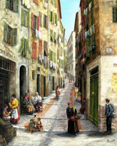 Painting titled "vieux nice rue sain…" by Alain Benedetto, Original Artwork, Oil Mounted on Wood Stretcher frame