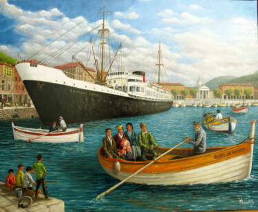 Schilderij getiteld "port de Nice jadis…" door Alain Benedetto, Origineel Kunstwerk, Olie Gemonteerd op Frame voor houten br…