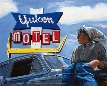 Schilderij getiteld "YUKON MOTEL" door Alain Bertrand, Origineel Kunstwerk, Olie Gemonteerd op Frame voor houten brancard