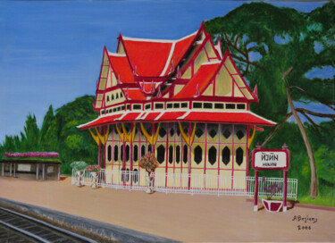 Painting titled "La gare" by Alain Beziers, Original Artwork, Oil