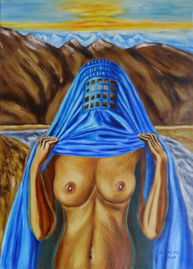 Painting titled "Burqa blue" by Alain Beziers, Original Artwork, Oil Mounted on Wood Stretcher frame