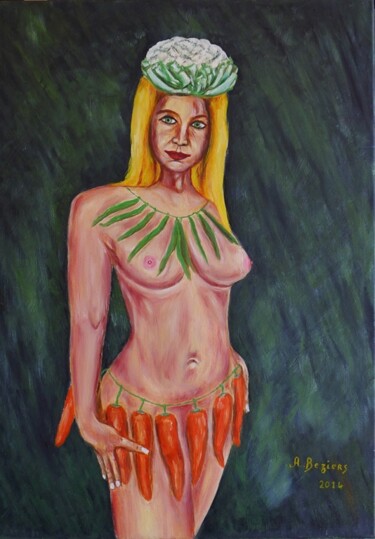 Painting titled "Miss bio" by Alain Beziers, Original Artwork, Oil Mounted on Wood Stretcher frame