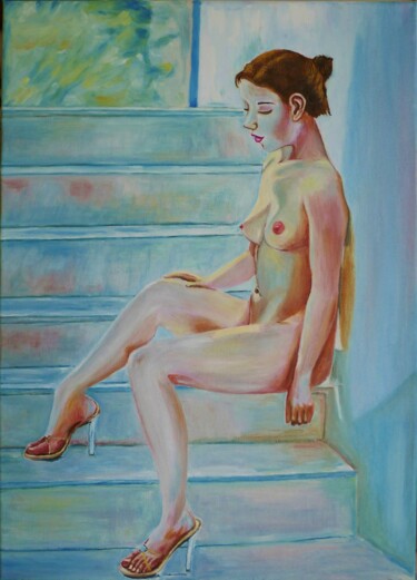 Painting titled "Jeune fille assise" by Alain Beziers, Original Artwork, Oil Mounted on Wood Stretcher frame