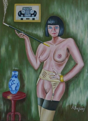 Peinture intitulée "Mondaine avec porte…" par Alain Beziers, Œuvre d'art originale, Huile