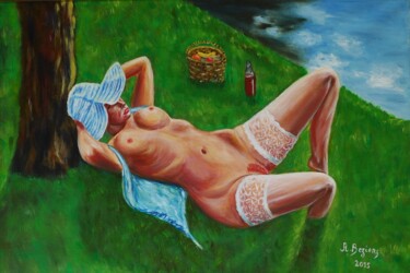 Painting titled "Détente" by Alain Beziers, Original Artwork, Oil Mounted on Wood Stretcher frame
