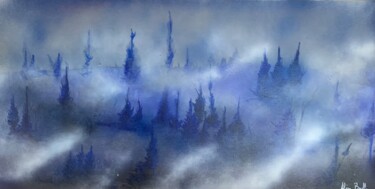 Painting titled "Sapins bleus" by Alain Bulle, Original Artwork, Acrylic Mounted on Wood Stretcher frame