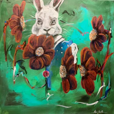 Painting titled "White rabbit" by Alain Bulle, Original Artwork, Acrylic Mounted on Wood Stretcher frame