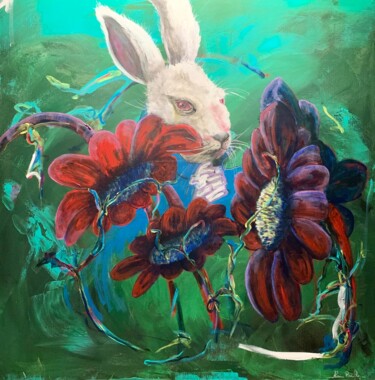 Painting titled "WHITE RABBIT flowers" by Alain Bulle, Original Artwork, Acrylic Mounted on Wood Stretcher frame