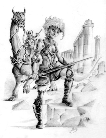 Desenho intitulada "guerrière elfe" por Alain Catherin, Obras de arte originais