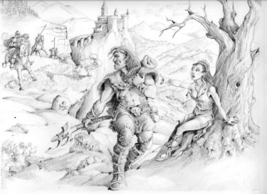 Drawing titled "barbare et princesse" by Alain Catherin, Original Artwork