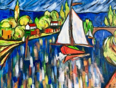 Painting titled "Voile sur la rivière" by Alain Charles Richer, Original Artwork, Acrylic