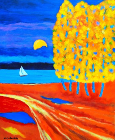 Painting titled "Les peupliers du lac" by Alain Charles Richer, Original Artwork, Acrylic