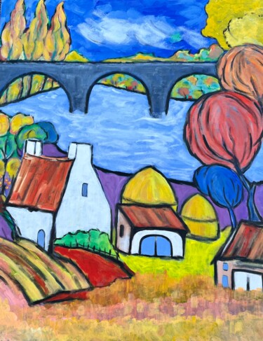 Painting titled "La ferme près du po…" by Alain Charles Richer, Original Artwork, Acrylic Mounted on Wood Stretcher frame