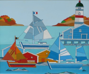 Peinture intitulée "port et cabanes pêc…" par Alain Colas, Œuvre d'art originale, Acrylique Monté sur Châssis en bois