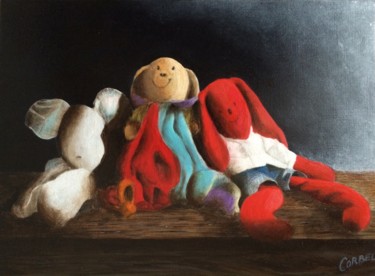 Painting titled "Les 3 doudous" by Alain Corbel, Original Artwork, Oil