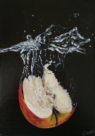 Peinture intitulée "La pomme dans l'eau" par Alain Corbel, Œuvre d'art originale, Acrylique