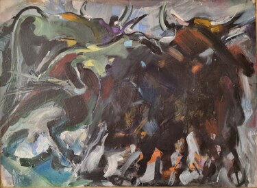 Peinture intitulée "Troupeau de taureaux" par Alain Delmas, Œuvre d'art originale, Huile Monté sur Châssis en bois