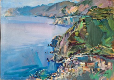 Pittura intitolato "Cinque Terre - Riom…" da Alain Delmas, Opera d'arte originale, Olio Montato su Telaio per barella in leg…