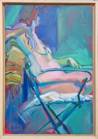 Schilderij getiteld "Nu assis bleu" door Alain Delmas, Origineel Kunstwerk, Olie Gemonteerd op Frame voor houten brancard