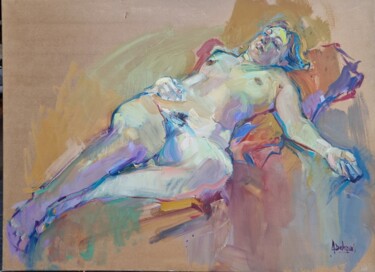Painting titled "Nu endormi" by Alain Delmas, Original Artwork, Oil Mounted on Wood Stretcher frame