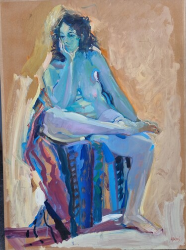 Schilderij getiteld "Nu bleu assis" door Alain Delmas, Origineel Kunstwerk, Olie Gemonteerd op Frame voor houten brancard