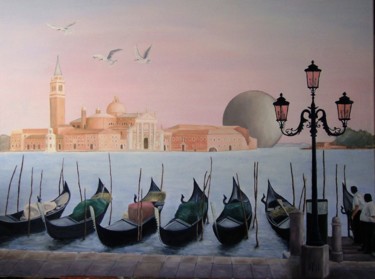Painting titled "CE JOUR-LA A VENISE" by Alain Dentin, Original Artwork, Oil Mounted on Wood Stretcher frame