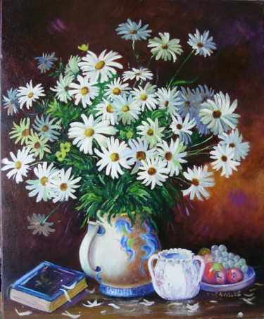 Painting titled "vase de marguerites" by Alain Dervillez, Original Artwork, Oil