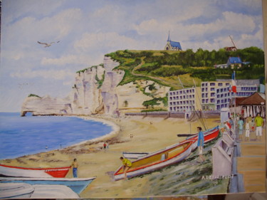 Peinture intitulée "ETRETAT " la plage "" par Alain Dervillez, Œuvre d'art originale, Huile