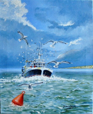 Painting titled "LE TREPORT " retour…" by Alain Dervillez, Original Artwork, Oil