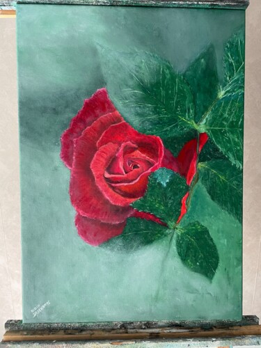 Painting titled "Fleur rose de velou…" by Alain Deschamps, Original Artwork, Oil