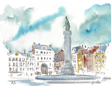 Painting titled "LILLE, LA GRAND PLA…" by Alain Devienne, Original Artwork, Watercolor