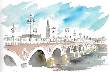 Painting titled "LE PONT DE PIERRE -…" by Alain Devienne, Original Artwork, Watercolor