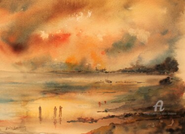 Painting titled "ON THE BEACH" by Alain Devienne, Original Artwork, Watercolor