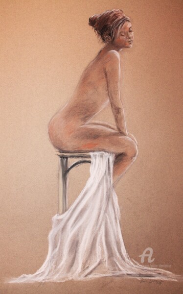 Drawing titled "NU AU TABOURET" by Alain Devienne, Original Artwork, Pastel