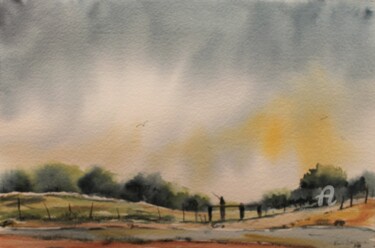 Painting titled "paysage" by Alain Devienne, Original Artwork, Watercolor