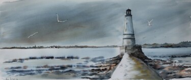 Painting titled "PHARE" by Alain Devienne, Original Artwork, Watercolor